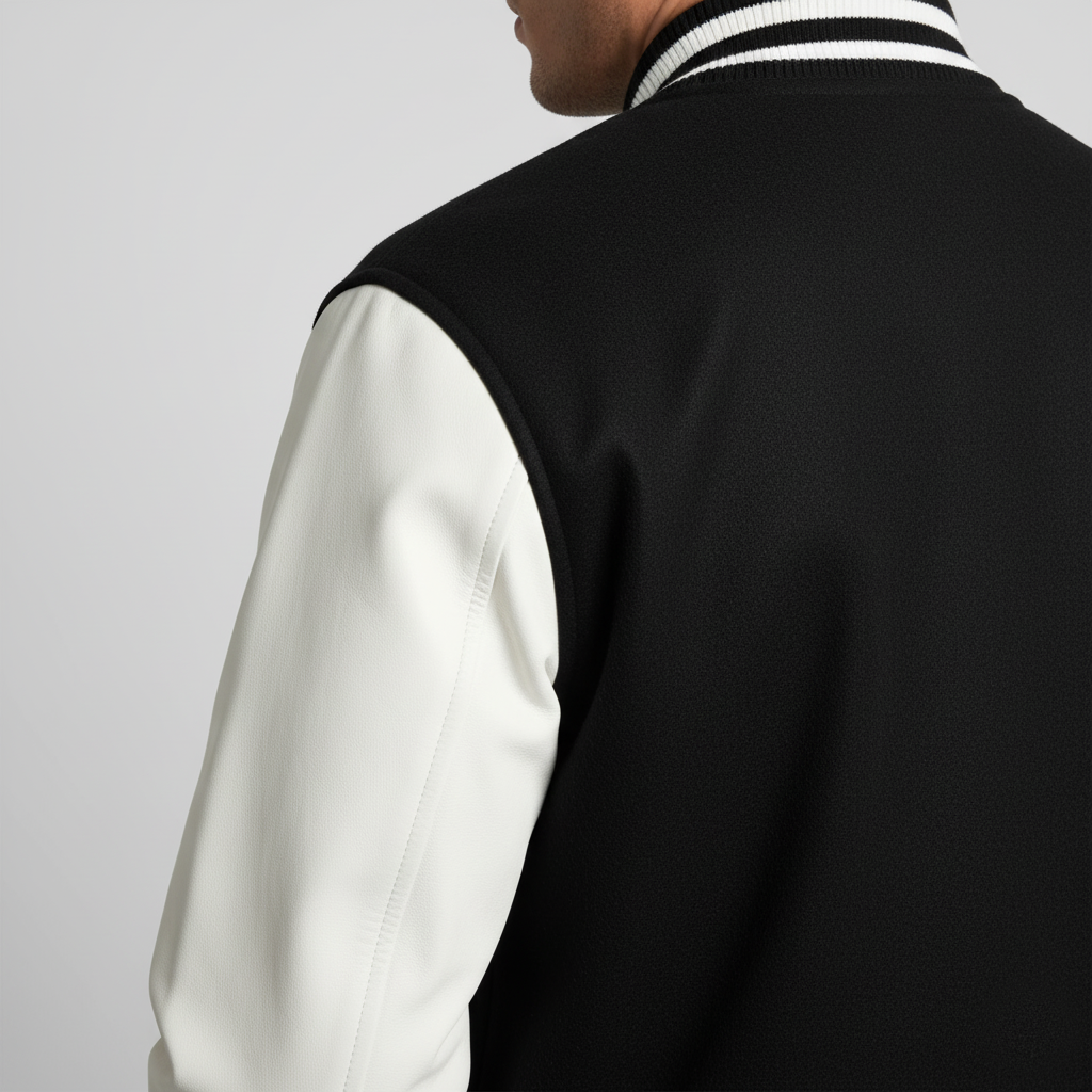 Black and white varsity jacket on a plain background 