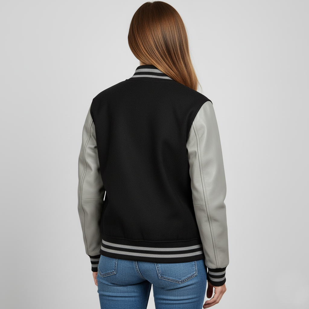 Person wearing a black and gray varsity jacket back on a light gray background