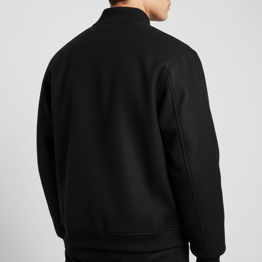 Back view of black wool varsity jacket showcasing premium wool fabric and classic letterman design