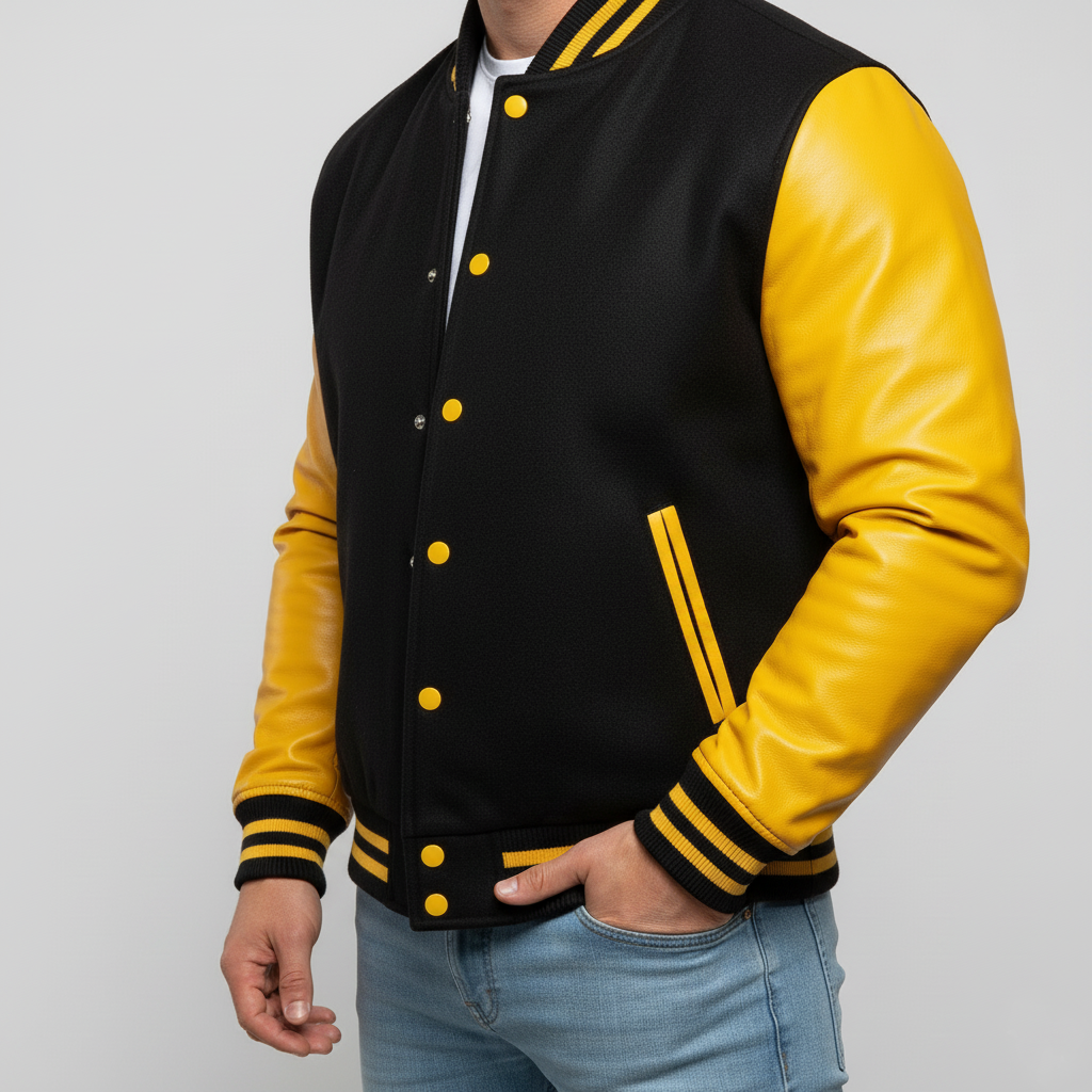 Black and yellow varsity jacket with leather sleeves on a gray background