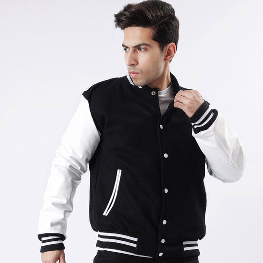 Men's Black And White Letterman Jacket Wool Body Leather Sleeves