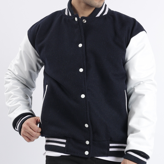 Dark Blue And White Letterman Jacket Wool Body And Leather Sleeves