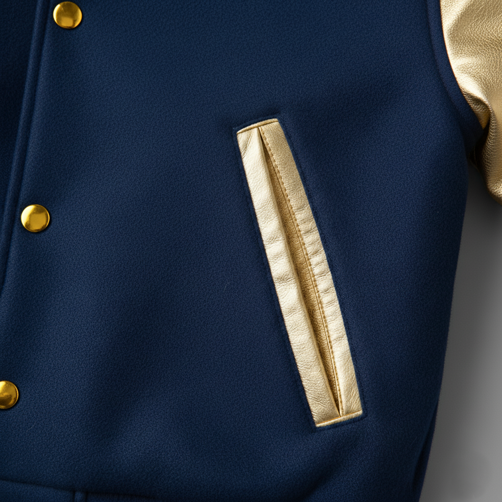 Navy blue jacket with gold buttons and trim on a gray background