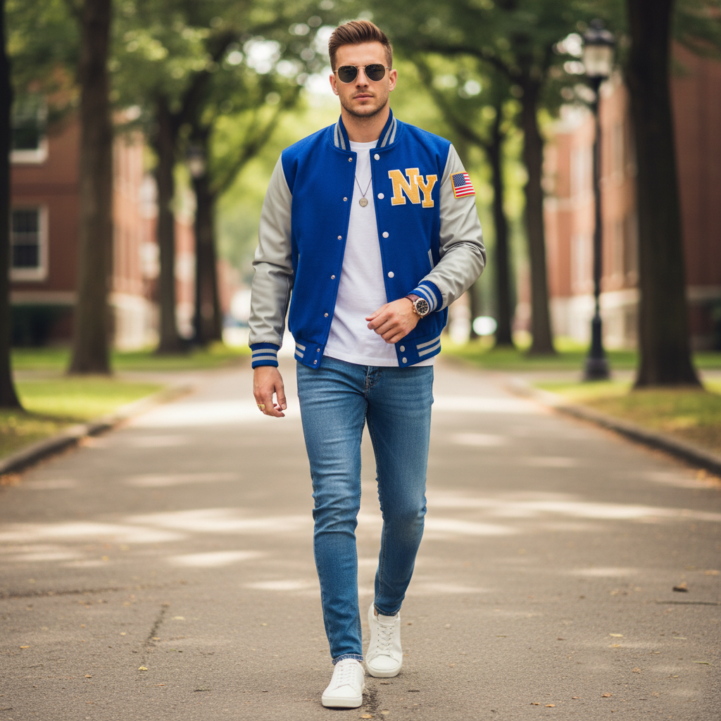 Man wearing a blue and gray varsity jacket with 'NY' on it, walking on a tree-lined street.