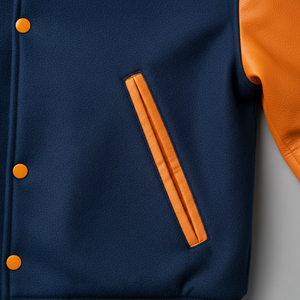 Navy blue jacket with orange accents on a light gray background
