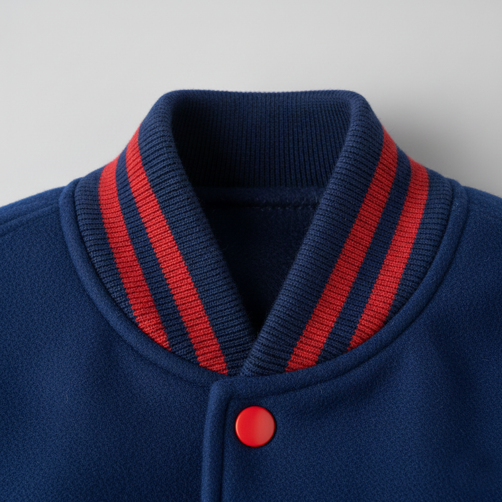 Navy blue jacket with red striped collar and button on a light gray background