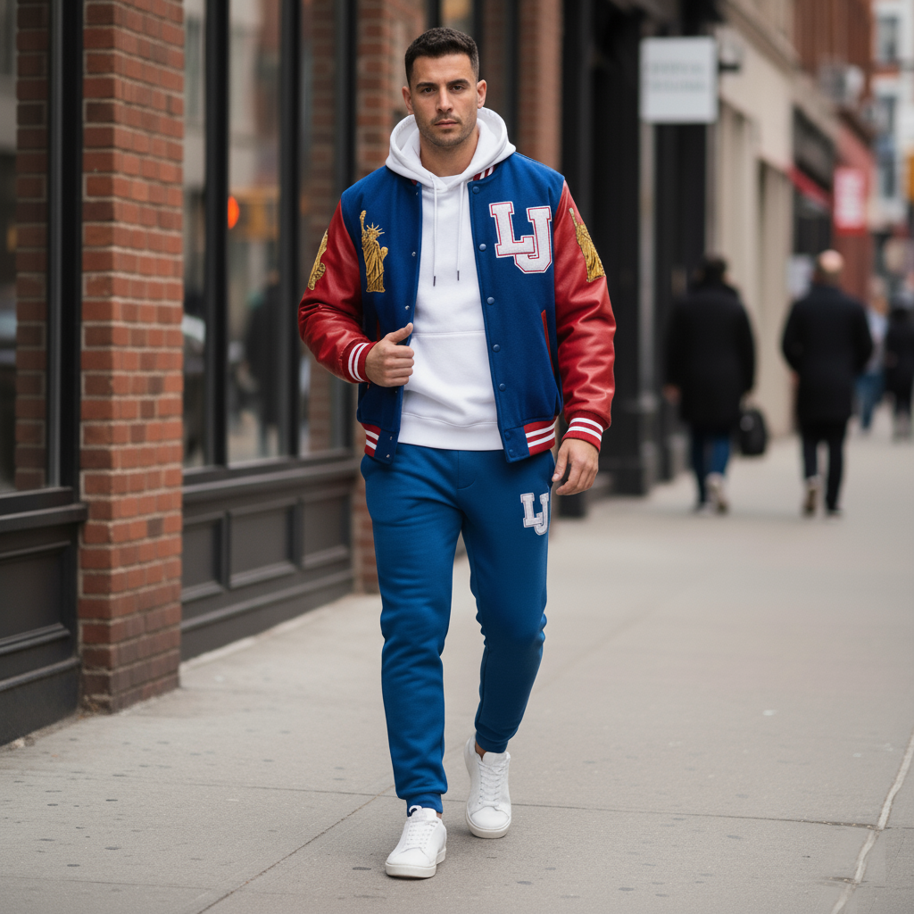 Man wearing a red and blue varsity jacket with 'LJ' logo on a city street.