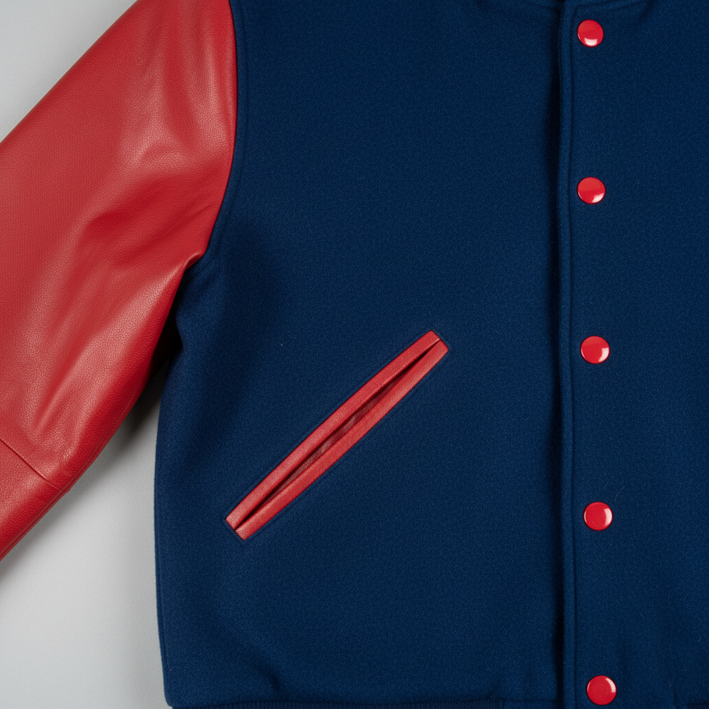 Blue jacket with red leather sleeves and buttons on a white background