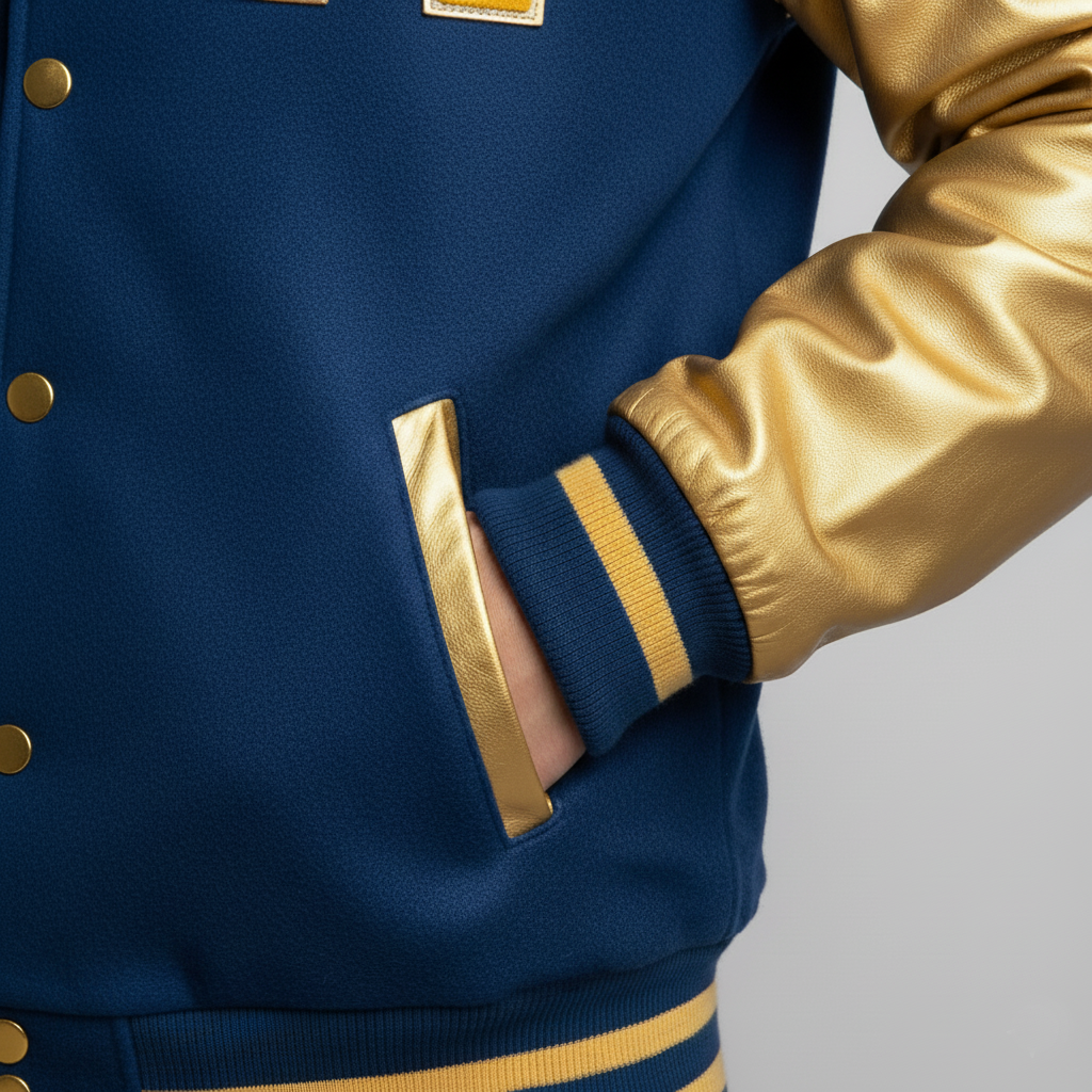 Navy blue jacket with gold accents on a gray background