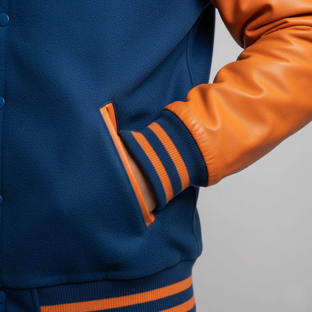 Navy blue jacket with orange accents on a gray background