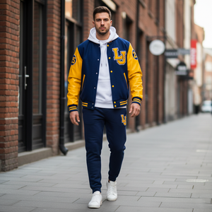 Man wearing a blue and yellow varsity jacket with matching pants on a city street.