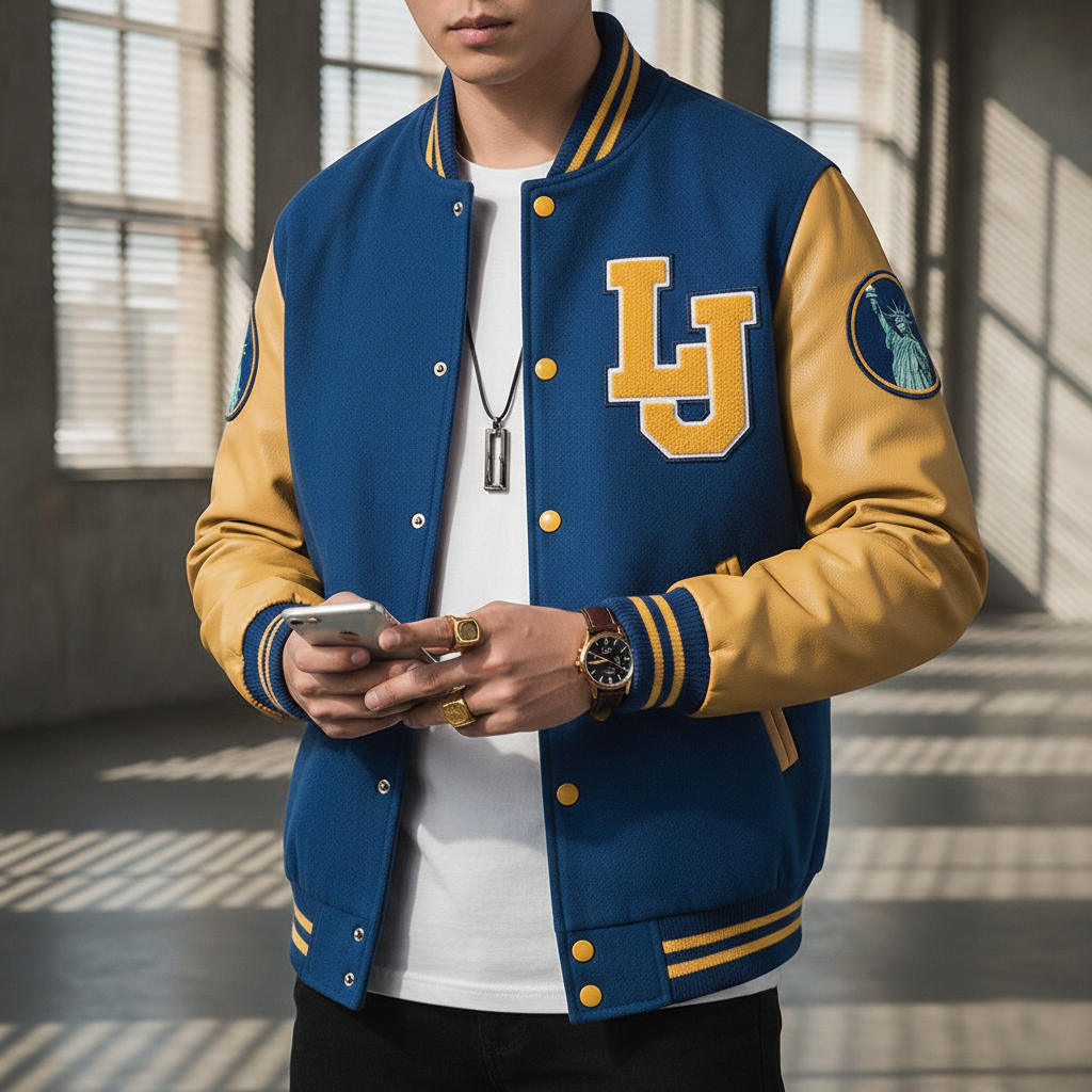 Person wearing a blue and yellow varsity jacket with 'LJ' lettering, holding a phone.