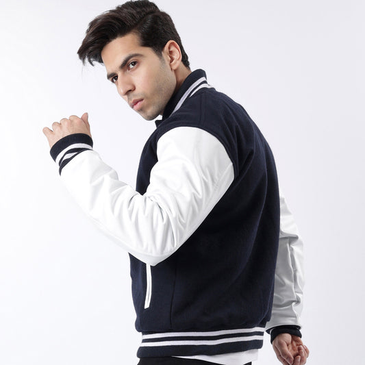 Dark Blue And White Letterman Jacket Wool Body And Leather Sleeves