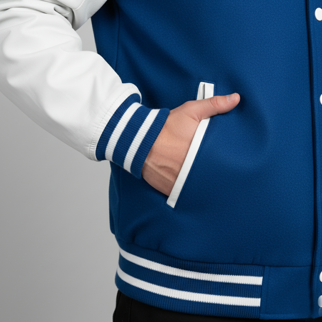 Blue varsity jacket with white stripes on a gray background