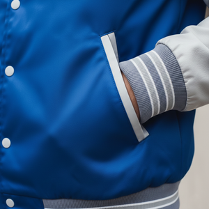 Blue satin jacket with a close-up of the sleeve and buttons.