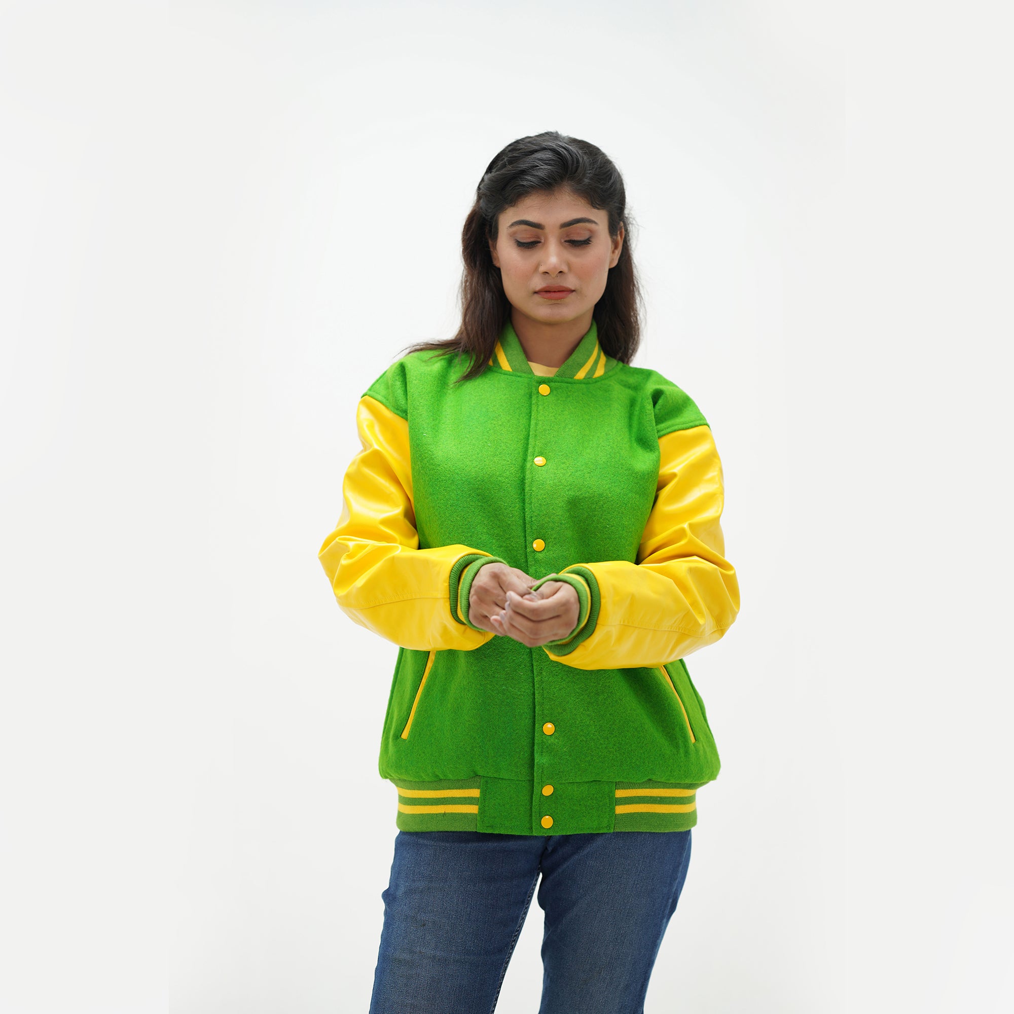Bright green letterman jacket women close-up - showing ribbed collar construction with kelly green striped trim and snap button hardware