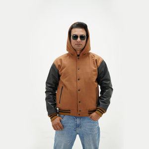 Front view of brown and black varsity jacket with hoodie featuring wool body and genuine cowhide leather sleeves