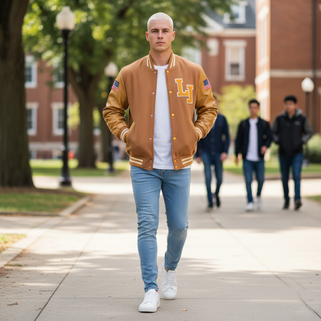 Man wearing a brown letterman jacket with 'LJ' on it, walking on a sidewalk.
