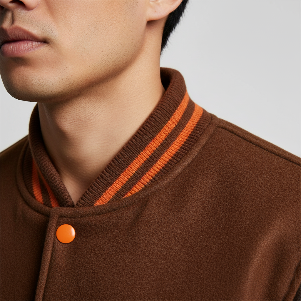 Close-up of a person wearing a brown jacket with orange trim on a light gray background 