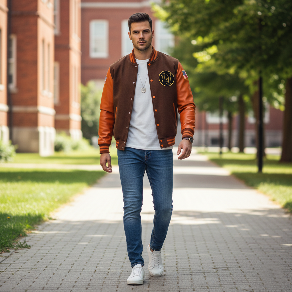 Man wearing a brown varsity jacket with a logo, white shirt, blue jeans, and white sneakers walking on a sidewalk. 