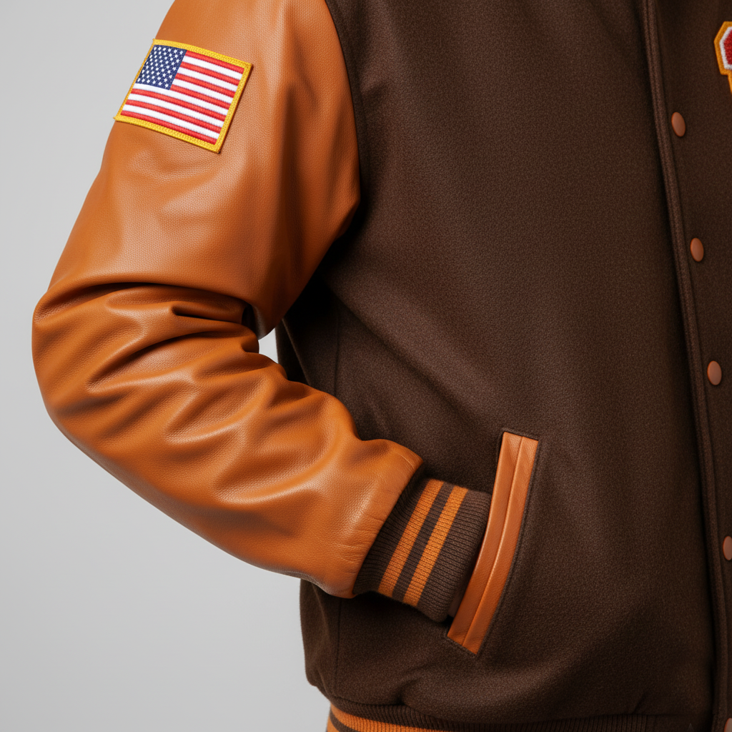 Brown varsity jacket with American flag patch on sleeve against a gray background 