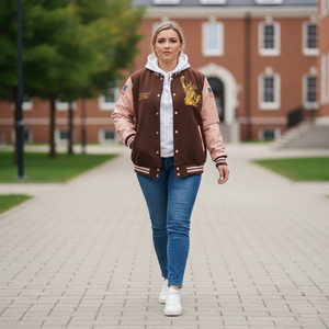 Woman wearing a brown and pink varsity jacket walking on a brick path with a building in the background