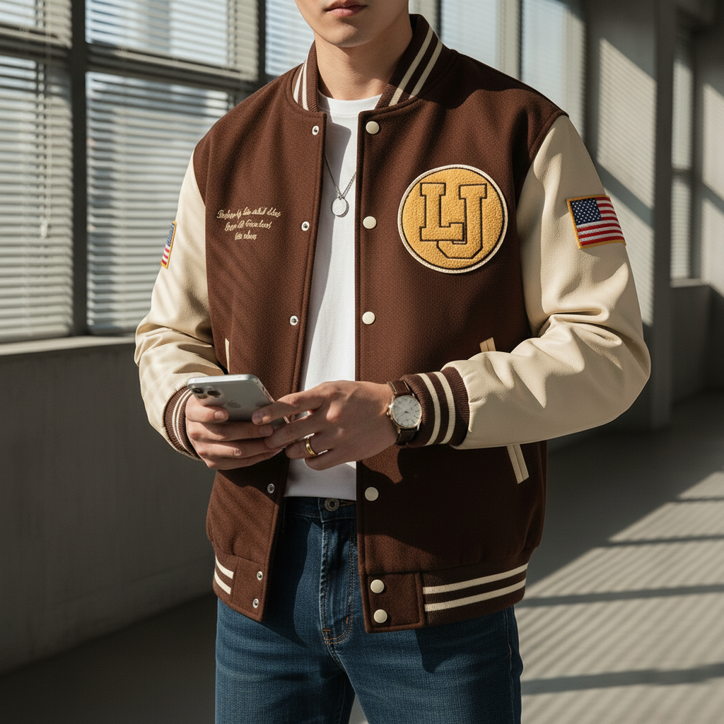Person wearing a brown and beige varsity jacket with a logo, holding a phone indoors.