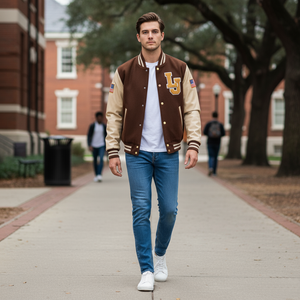 Man wearing a brown and beige varsity jacket with 'LU' on it, walking on a college campus.