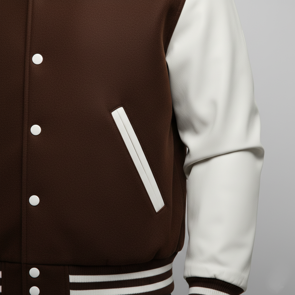 Brown and white varsity jacket on a gray background