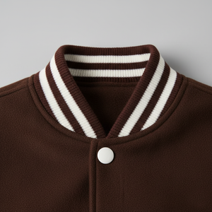 Close-up of a brown jacket with a striped collar on a gray background