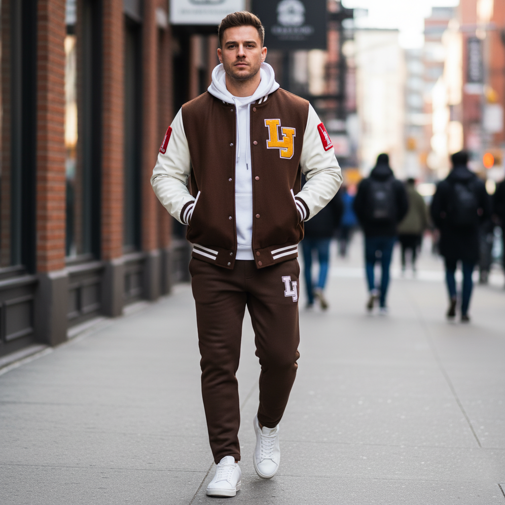 Man wearing a brown and white varsity jacket with 'LJ' logo walking on a city street.