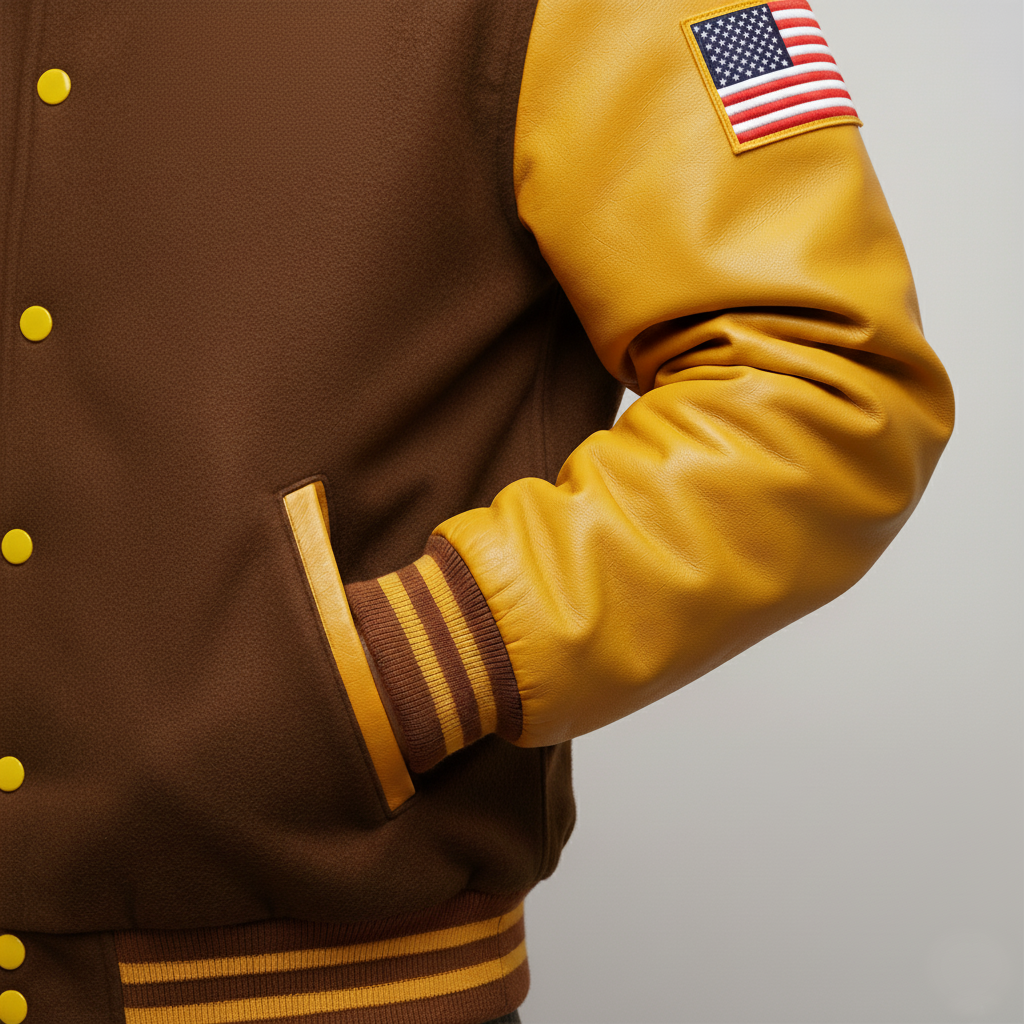 Brown and yellow varsity jacket with American flag patch on sleeve against a gray background
