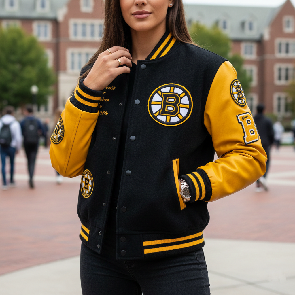 Person wearing a black and yellow varsity jacket with a logo in an outdoor setting.