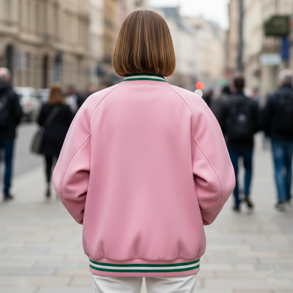 Back view of budget-friendly varsity jacket displaying pink Melton wool body, white genuine wool sleeves, and ribbed waistband construction