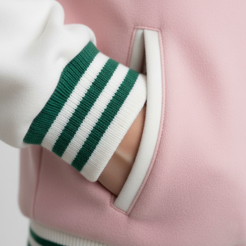 Close-up of a pink jacket with green and white striped cuffs and collar.