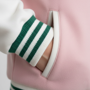 Close-up of a pink jacket with green and white striped cuffs and collar.