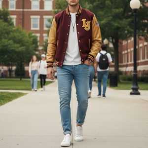 Person wearing a maroon and gold varsity jacket on a college campus