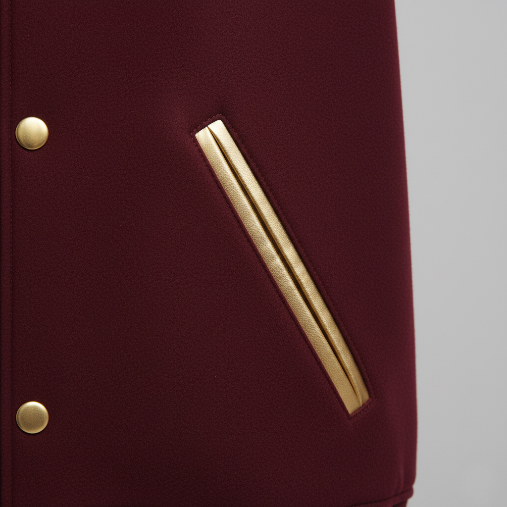 Maroon jacket with gold buttons and a gold stripe on a gray background