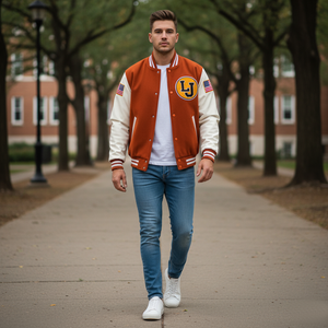 Man wearing a letterman jacket with a university logo on a college campus. 