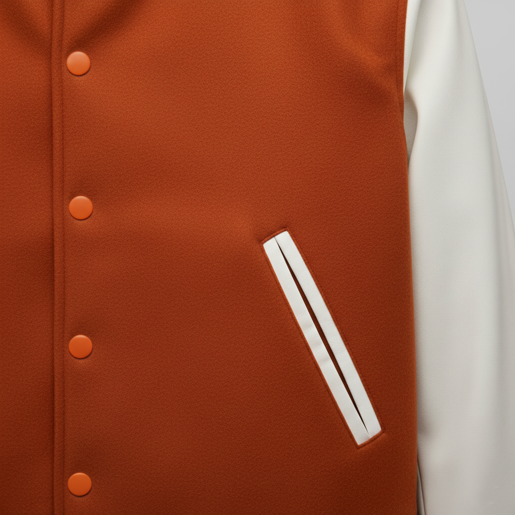 Close-up of a brown varsity jacket with orange buttons and a white stripe on the sleeve.