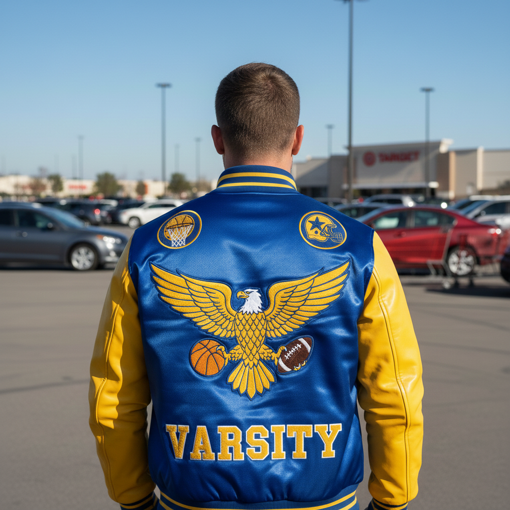 Person wearing a blue and yellow varsity jacket with an eagle design in a parking lot.