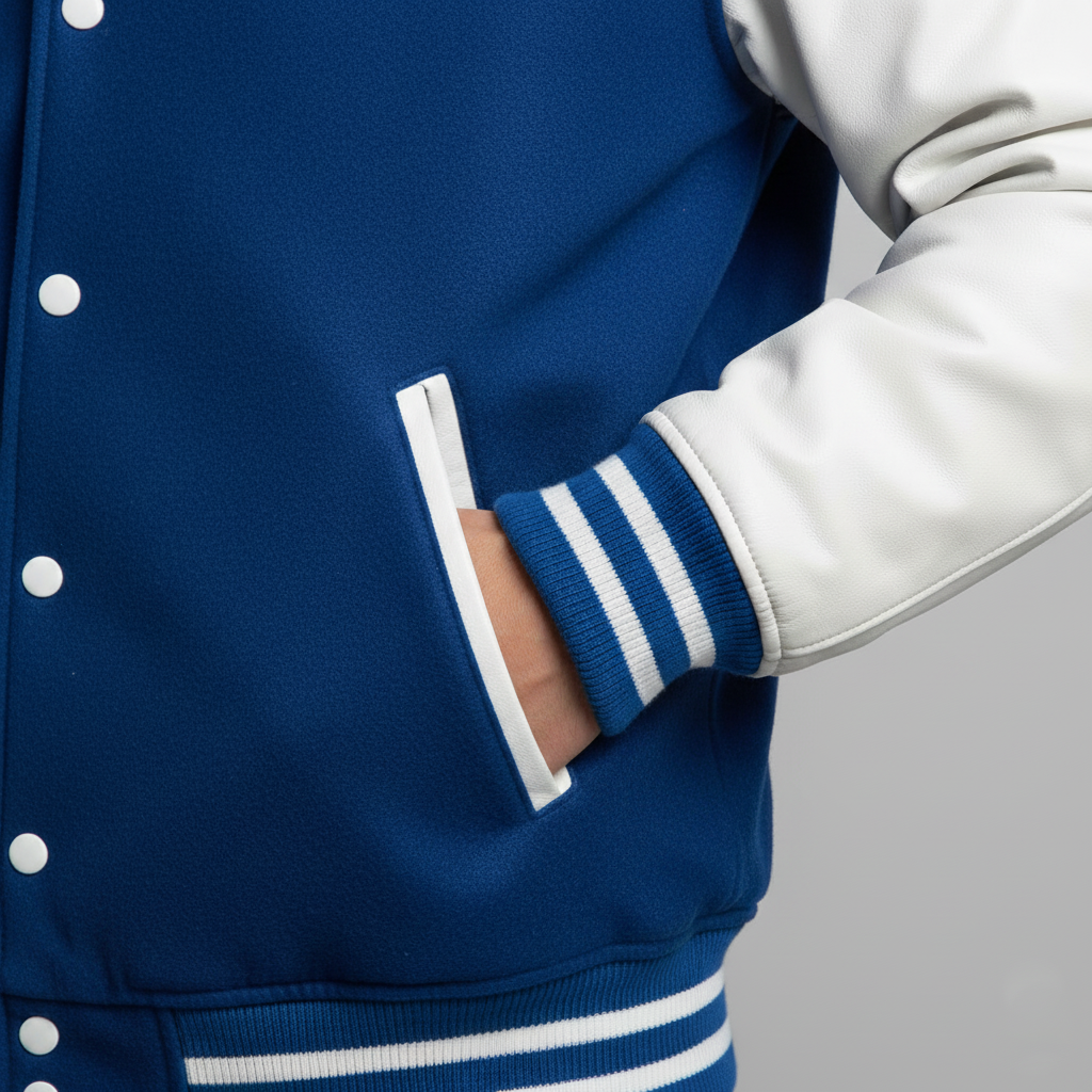 Close-up of a blue varsity jacket with white accents on a gray background