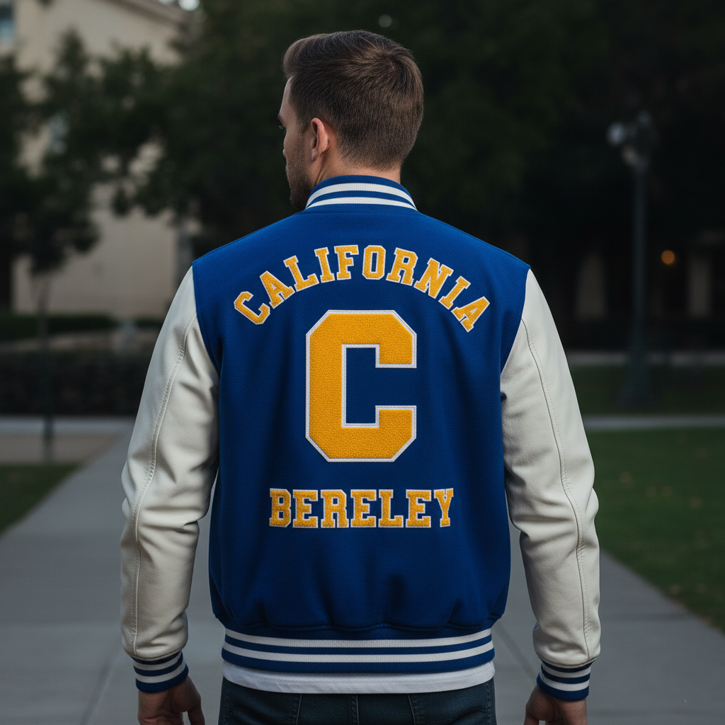 Person wearing a blue and white letterman jacket with 'California Berkeley' text.