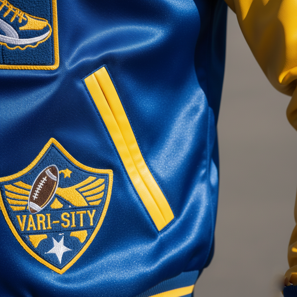 Close-up of a blue sports jersey with yellow accents and 'Vari-Sity' logo.
