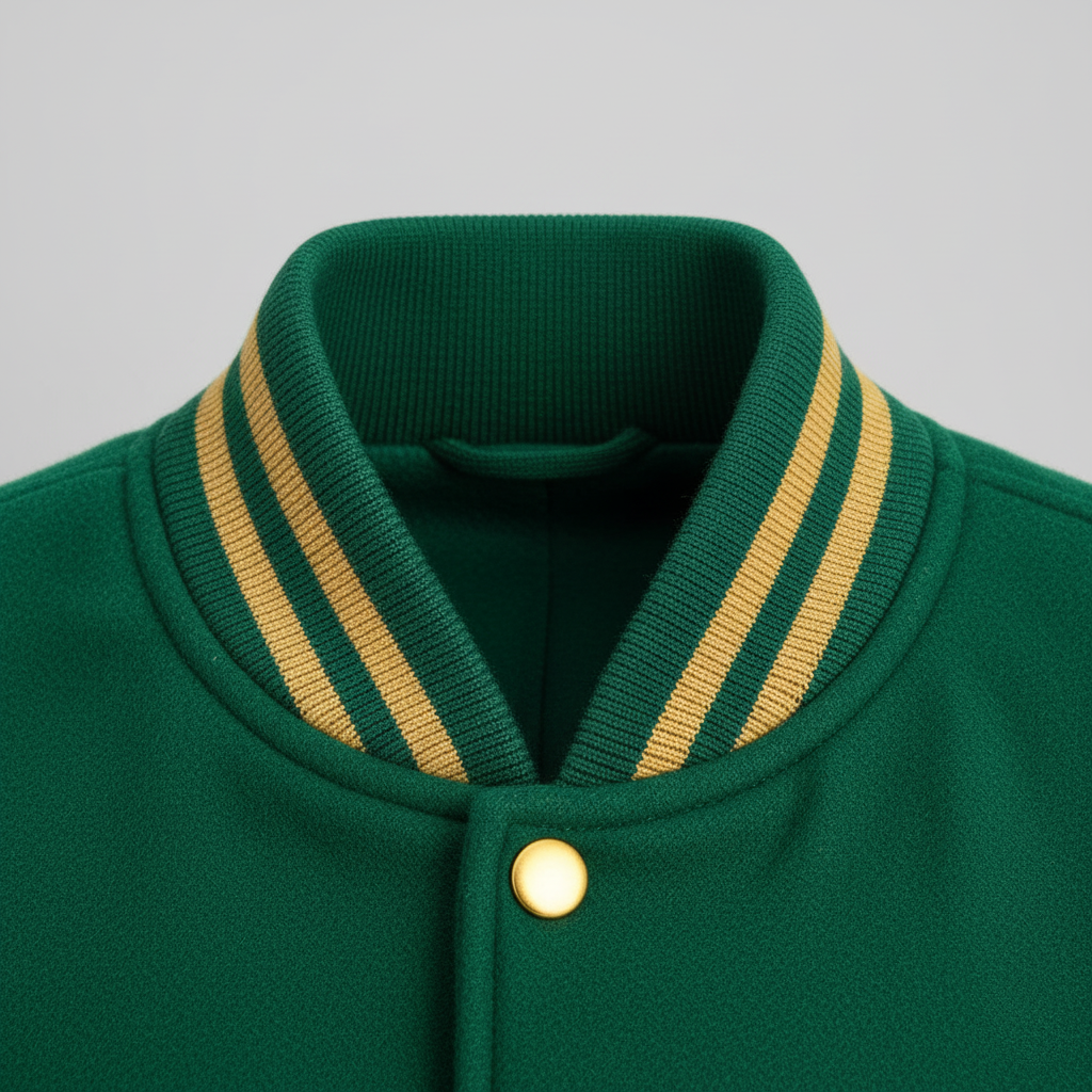 Green jacket with gold striped collar and button on a gray background