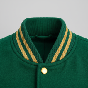 Green jacket with gold striped collar and button on a gray background