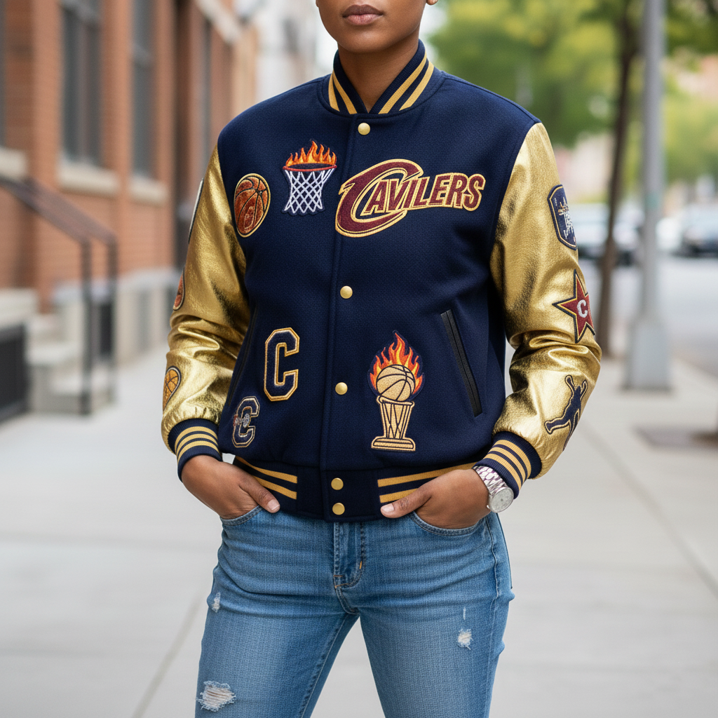 Person wearing a Cleveland Cavaliers letterman jacket on a city street.