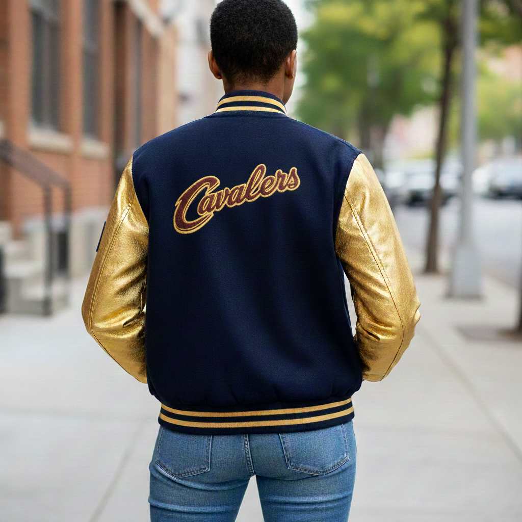 Back view of Cavs varsity jacket for women displaying burgundy Melton wool body, gold genuine leather sleeves, and ribbed waistband for basketball fans