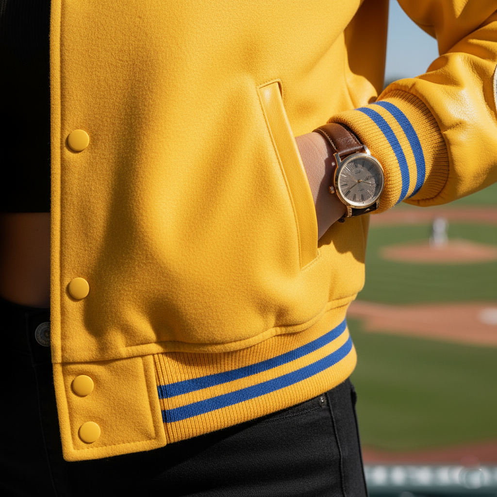 Person wearing a yellow varsity jacket with blue stripes on a baseball field