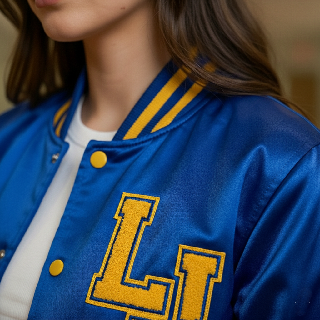 Blue jacket with yellow accents and a large 'L' emblem worn by a person.